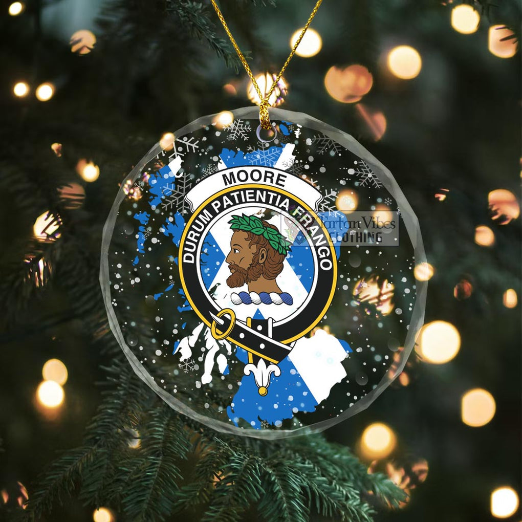Moore Clan Crest Christmas Glass Ornament with Scotland Map Transparent Glass Circle - 2D-tartanvibesclothing