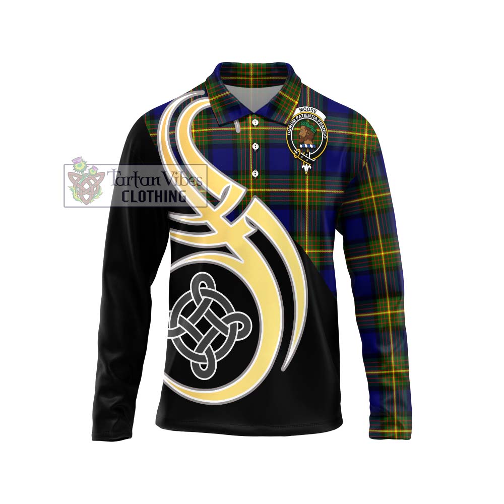 Moore Tartan Long Sleeve Polo Shirt with Family Crest and Celtic Symbol Style Unisex - Tartan Vibes Clothing
