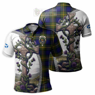 Moore Tartan Polo Shirt with Family Crest and St. Andrew's Cross Accented by Thistle Vines Kid - Tartan Vibes Clothing