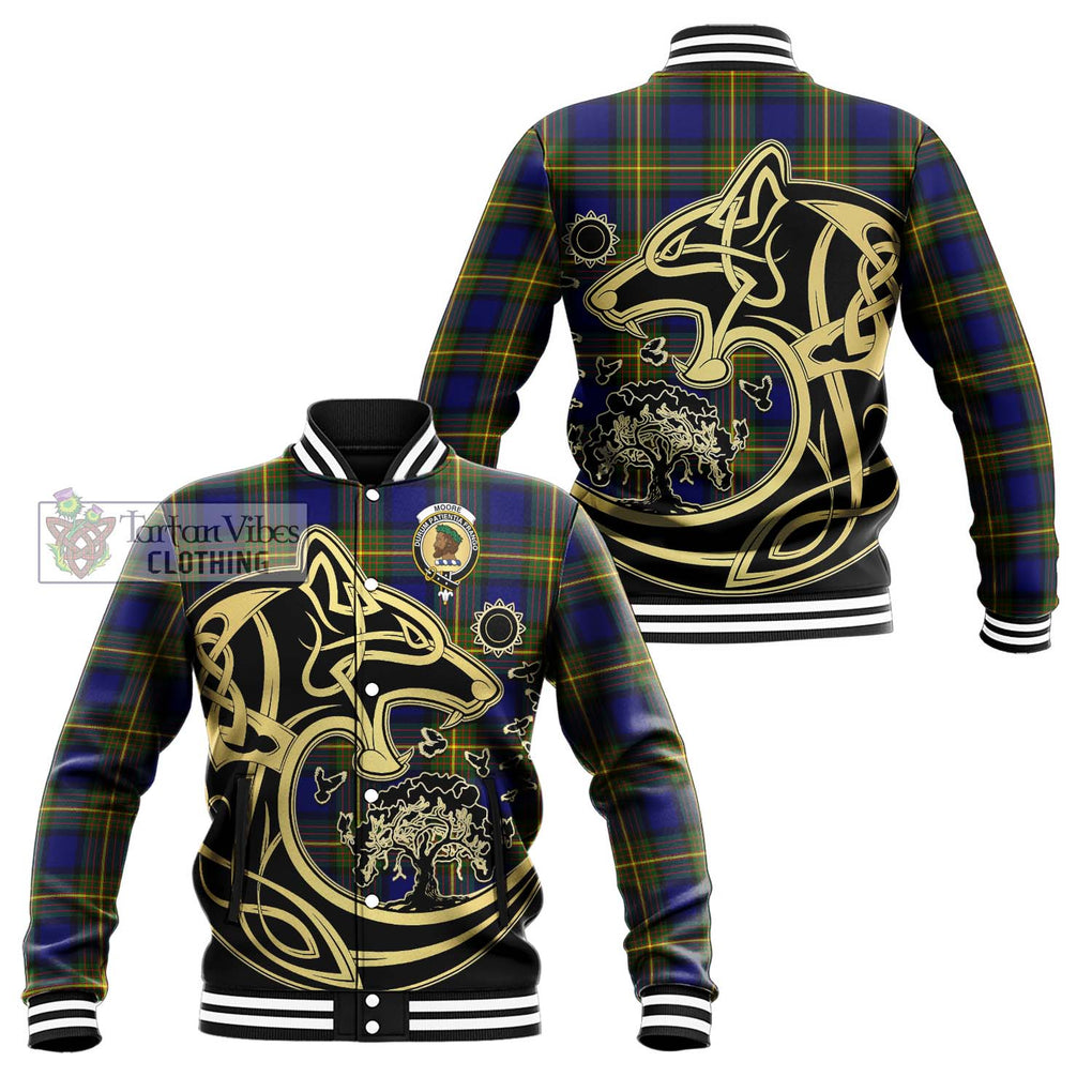 Moore Tartan Baseball Jacket with Family Crest Celtic Wolf Style Unisex - Tartan Vibes Clothing