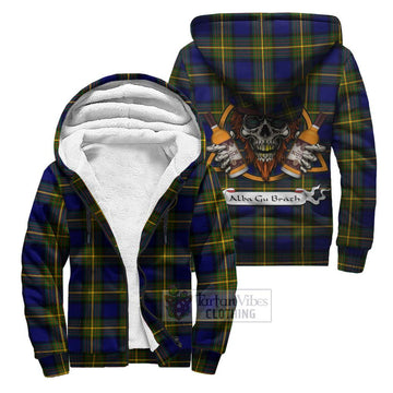 Moore Tartan Sherpa Hoodie with Family Crest and Bearded Skull Holding Bottles of Whiskey Unisex S - Tartan Vibes Clothing