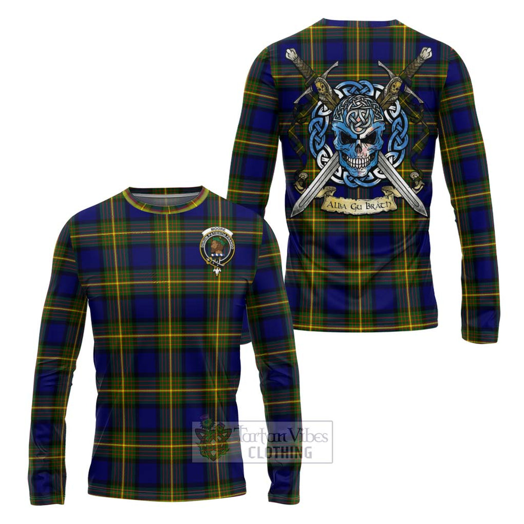 Moore Tartan Long Sleeve T-Shirt with Family Crest Celtic Skull Style Unisex - Tartan Vibes Clothing
