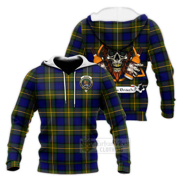 Moore Tartan Knitted Hoodie with Family Crest and Bearded Skull Holding Bottles of Whiskey Unisex Knitted Pullover Hoodie - Tartan Vibes Clothing