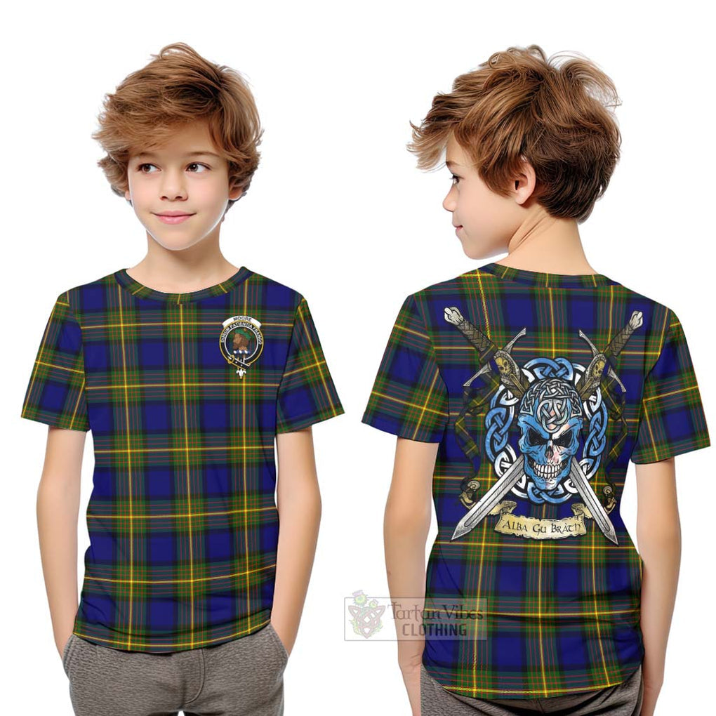 Moore Tartan Kid T-Shirt with Family Crest Celtic Skull Style Youth XL Size14 - Tartan Vibes Clothing