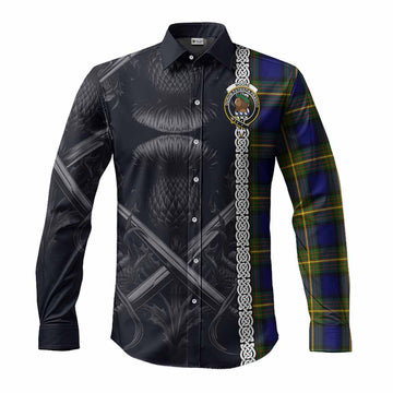 Tartan Vibes Clothing Moore Tartan Long Sleeve Button Shirt with Family Crest Cross Sword Thistle Celtic Vibes