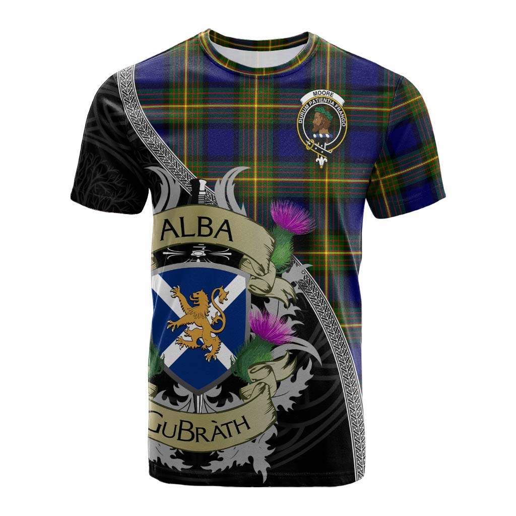Tartan Vibes Clothing Moore Tartan Family Crest Cotton T-shirt Lion Rampant Royal Thistle Shield Celtic Inspired