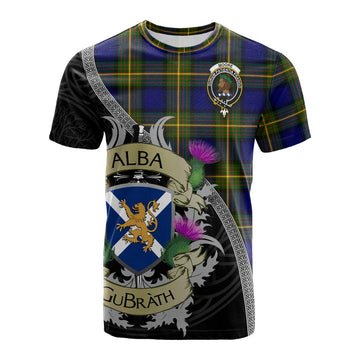 Moore Tartan Family Crest Cotton T-shirt Lion Rampant Royal Thistle Shield Celtic Inspired