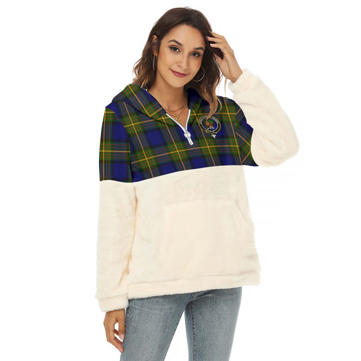Moore Tartan Half Style Women's Borg Fleece Hoodie with Half Zip with Family Crest Female - Tartan Vibes Clothing