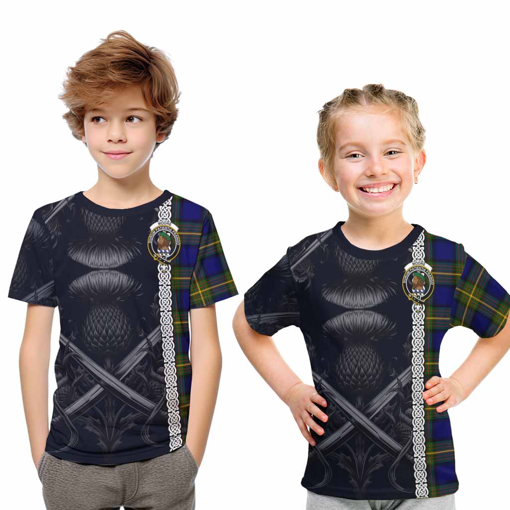 Moore Tartan Kid T-Shirt with Family Crest Cross Sword Thistle Celtic Vibes Youth XL Size14 - Tartan Vibes Clothing
