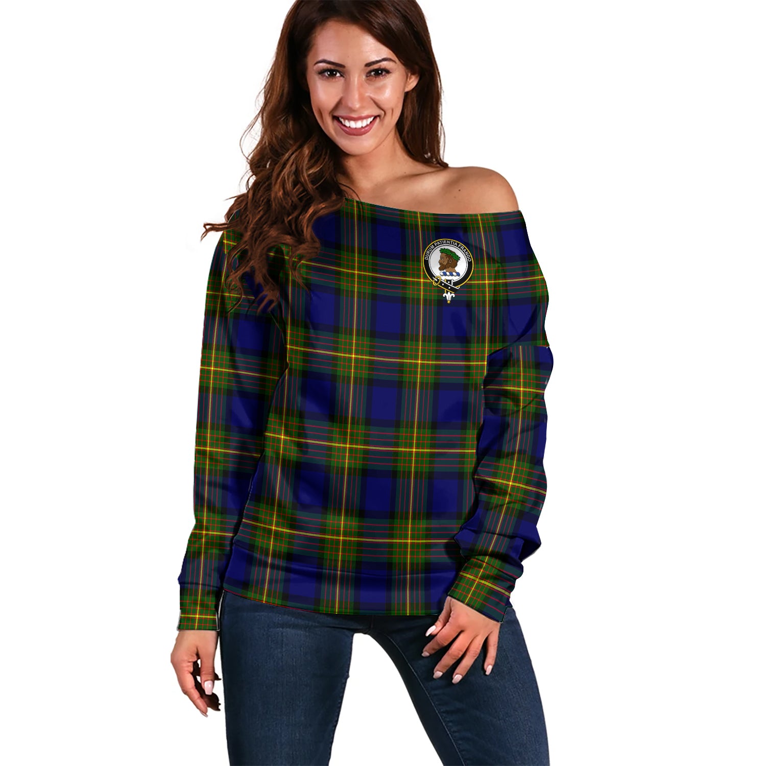 Moore Tartan Off Shoulder Women Sweater with Family Crest Women - Tartan Vibes Clothing