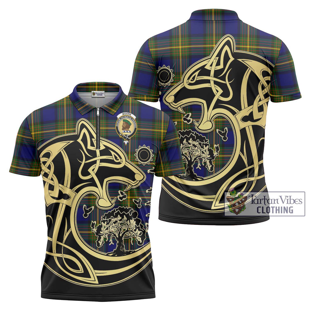 Moore Tartan Zipper Polo Shirt with Family Crest Celtic Wolf Style Unisex - Tartan Vibes Clothing