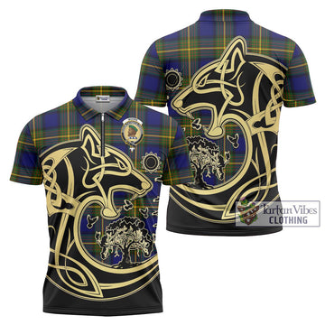 Moore Tartan Zipper Polo Shirt with Family Crest Celtic Wolf Style Unisex - Tartan Vibes Clothing