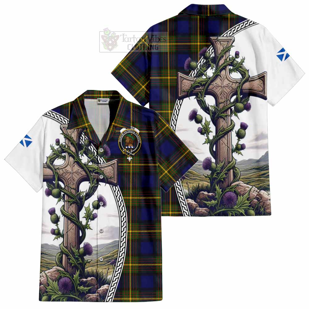 Moore Tartan Hawaiian Shirt with Family Crest and St. Andrew's Cross Accented by Thistle Vines Kid - Tartan Vibes Clothing