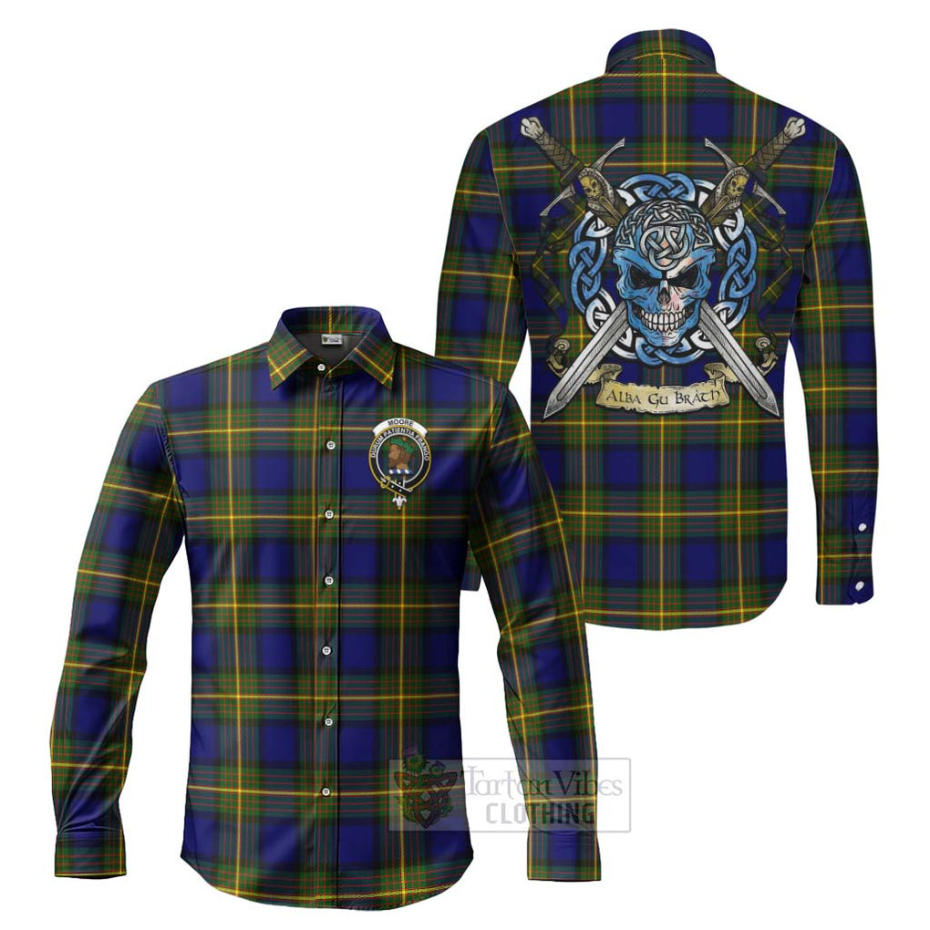 Moore Tartan Long Sleeve Button Shirt with Family Crest Celtic Skull Style Men's Shirt S - Tartan Vibes Clothing