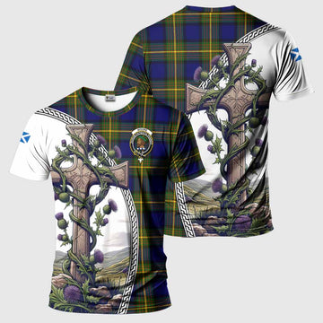 Moore Tartan T-Shirt with Family Crest and St. Andrew's Cross Accented by Thistle Vines Kid's Shirt - Tartan Vibes Clothing