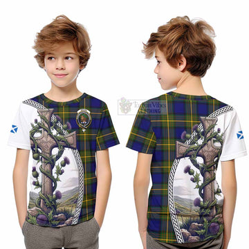 Moore Tartan Kid T-Shirt with Family Crest and St. Andrew's Cross Accented by Thistle Vines Youth XL Size14 - Tartan Vibes Clothing