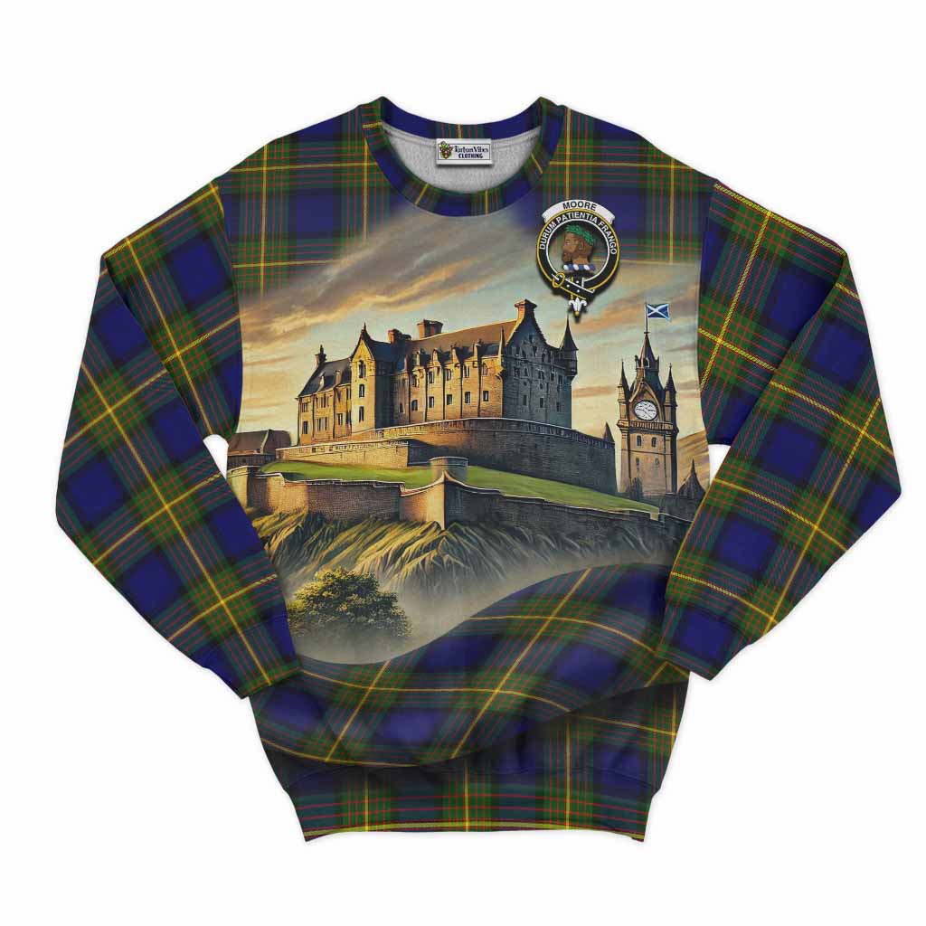 Moore Tartan Family Crest Sweatshirt with Scottish Ancient Castle Style Unisex - Tartan Vibes Clothing