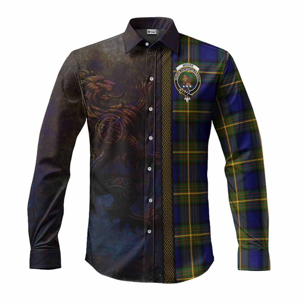 Moore Tartan Family Crest Long Sleeve Button Shirt Alba Gu Brath Be Brave Lion Ancient Style Men's Shirt S - Tartan Vibes Clothing