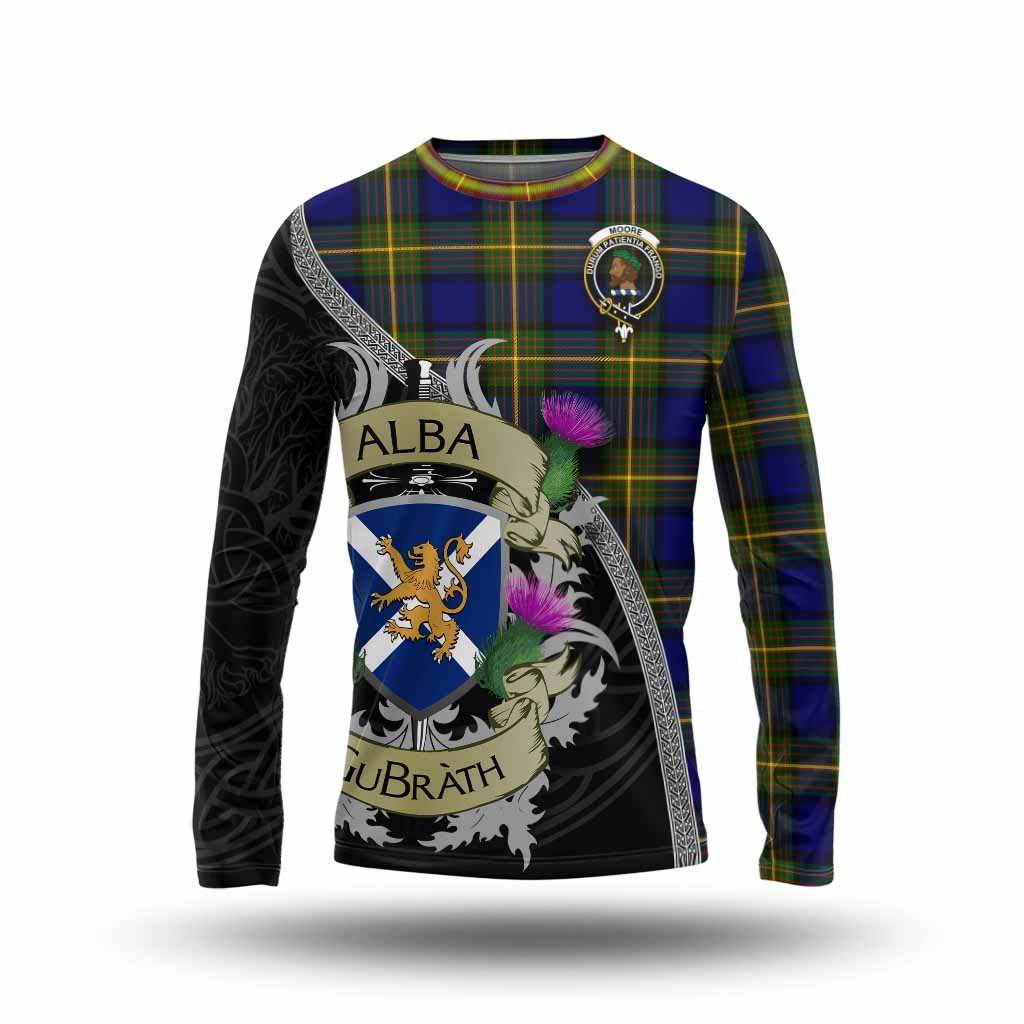 Moore Tartan Family Crest Long Sleeve T-Shirt Lion Rampant Royal Thistle Shield Celtic Inspired Unisex - Tartan Vibes Clothing