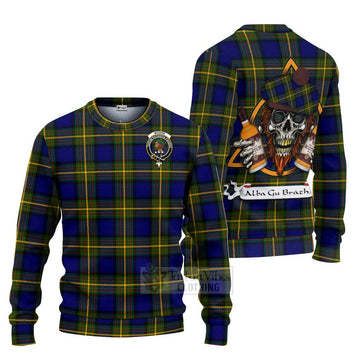 Moore Tartan Ugly Sweater with Family Crest and Bearded Skull Holding Bottles of Whiskey Unisex - Tartan Vibes Clothing