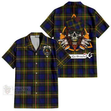 Moore Tartan Hawaiian Shirt with Family Crest and Bearded Skull Holding Bottles of Whiskey Kid - Tartan Vibes Clothing