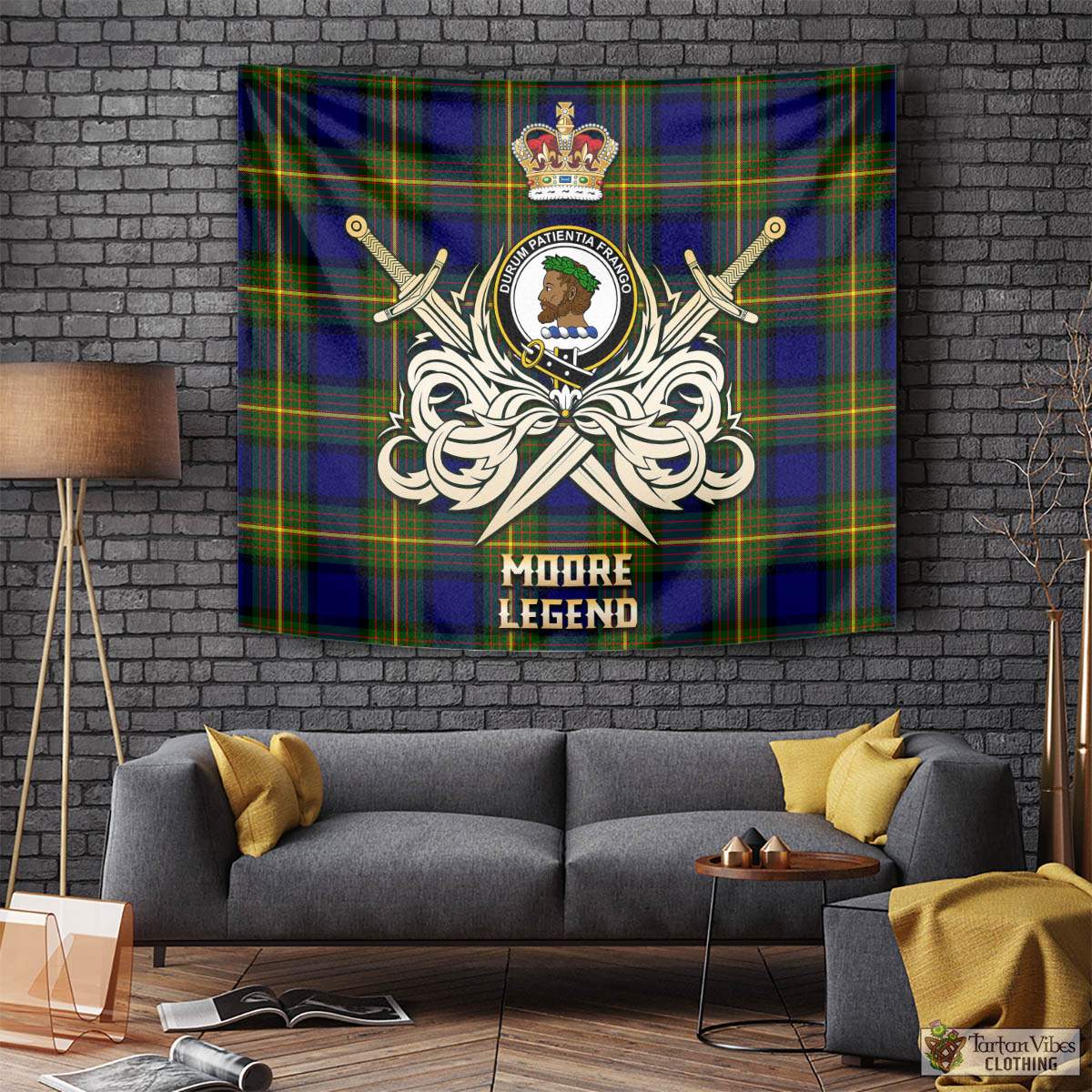 Moore Tartan Tapestry with Clan Crest and the Golden Sword of Courageous Legacy Tapestry - Tartan Vibes Clothing