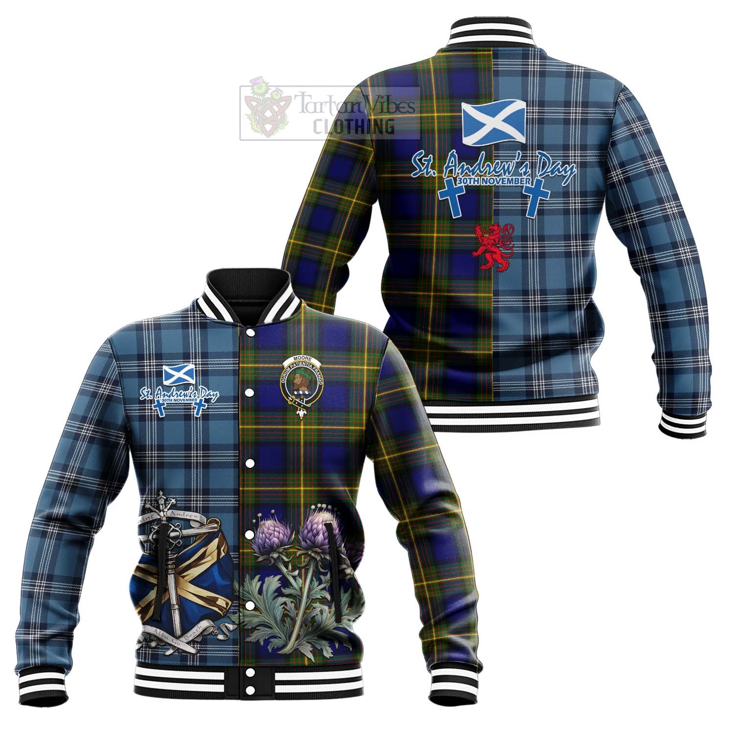 Moore Tartan Baseball Jacket Happy St. Andrew's Day Half Tartan Style Unisex - Tartan Vibes Clothing