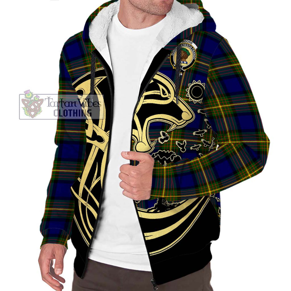 Moore Tartan Sherpa Hoodie with Family Crest Celtic Wolf Style Unisex S - Tartan Vibes Clothing