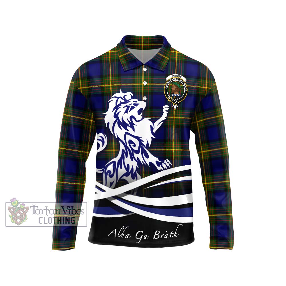 Moore Tartan Long Sleeve Polo Shirt with Alba Gu Brath Regal Lion Emblem Unisex - Tartan Vibes Clothing