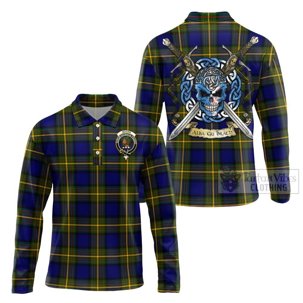 Moore Tartan Long Sleeve Polo Shirt with Family Crest Celtic Skull Style Unisex - Tartan Vibes Clothing