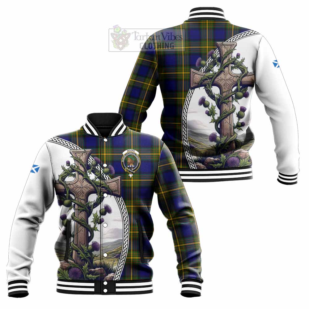Moore Tartan Baseball Jacket with Family Crest and St. Andrew's Cross Accented by Thistle Vines Unisex - Tartan Vibes Clothing