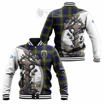 Moore Tartan Baseball Jacket with Family Crest and St. Andrew's Cross Accented by Thistle Vines Unisex - Tartan Vibes Clothing