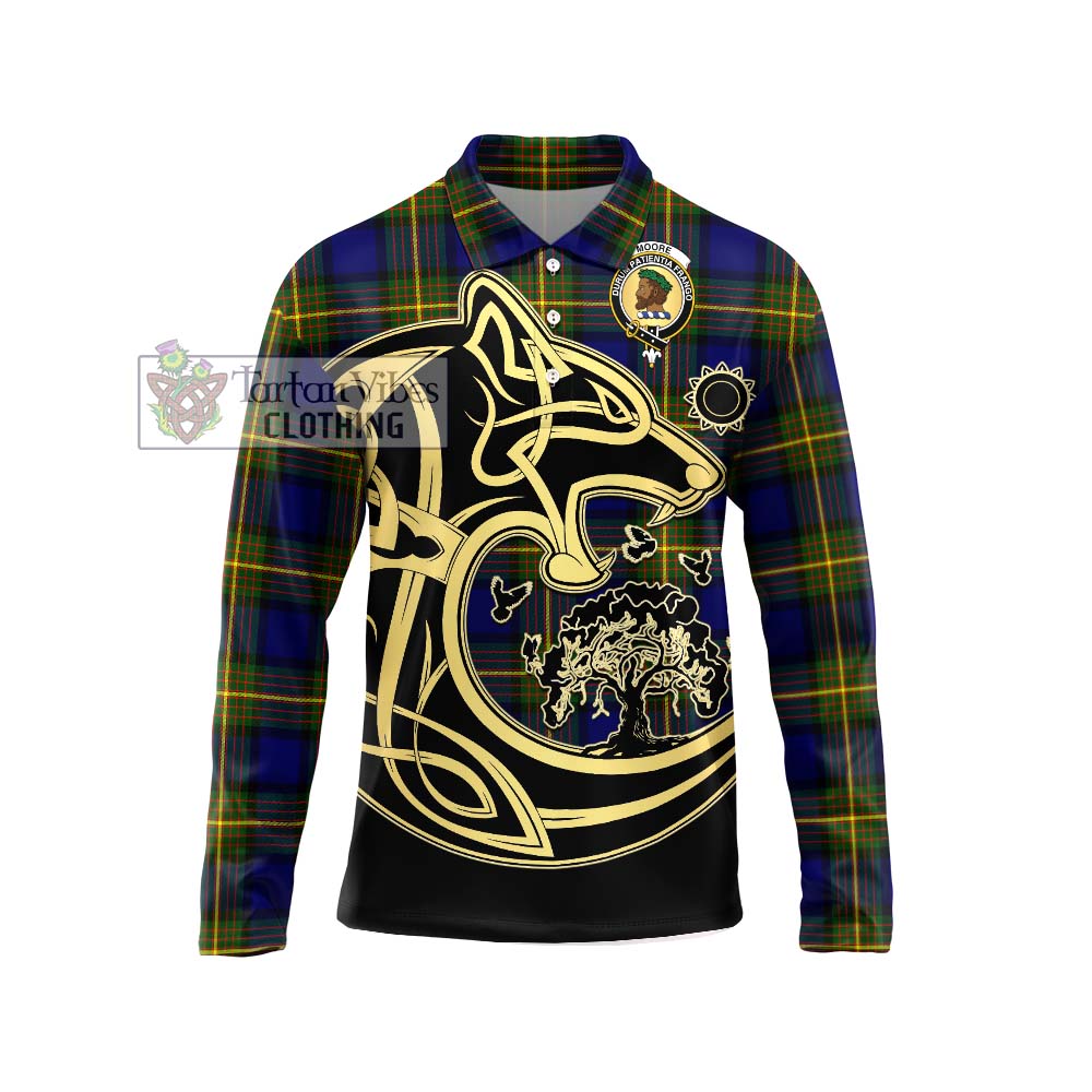 Moore Tartan Long Sleeve Polo Shirt with Family Crest Celtic Wolf Style Unisex - Tartan Vibes Clothing