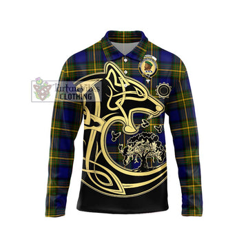 Moore Tartan Long Sleeve Polo Shirt with Family Crest Celtic Wolf Style Unisex - Tartan Vibes Clothing