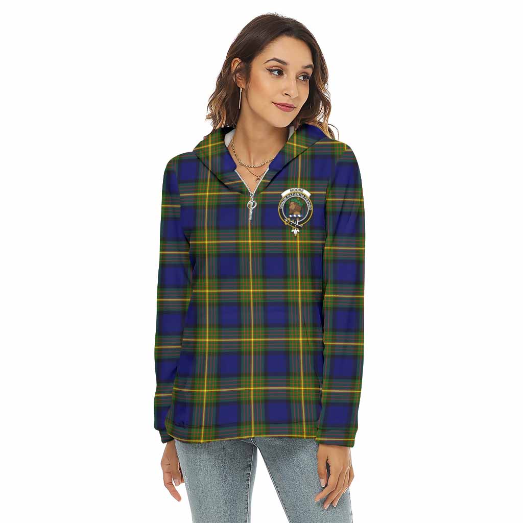 Moore Tartan Women's Borg Fleece Hoodie with Half Zip with Family Crest Female - Tartan Vibes Clothing