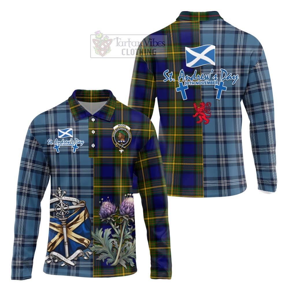 Moore Tartan Long Sleeve Polo Shirt Happy St. Andrew's Day Half Tartan Style Unisex - Tartan Vibes Clothing