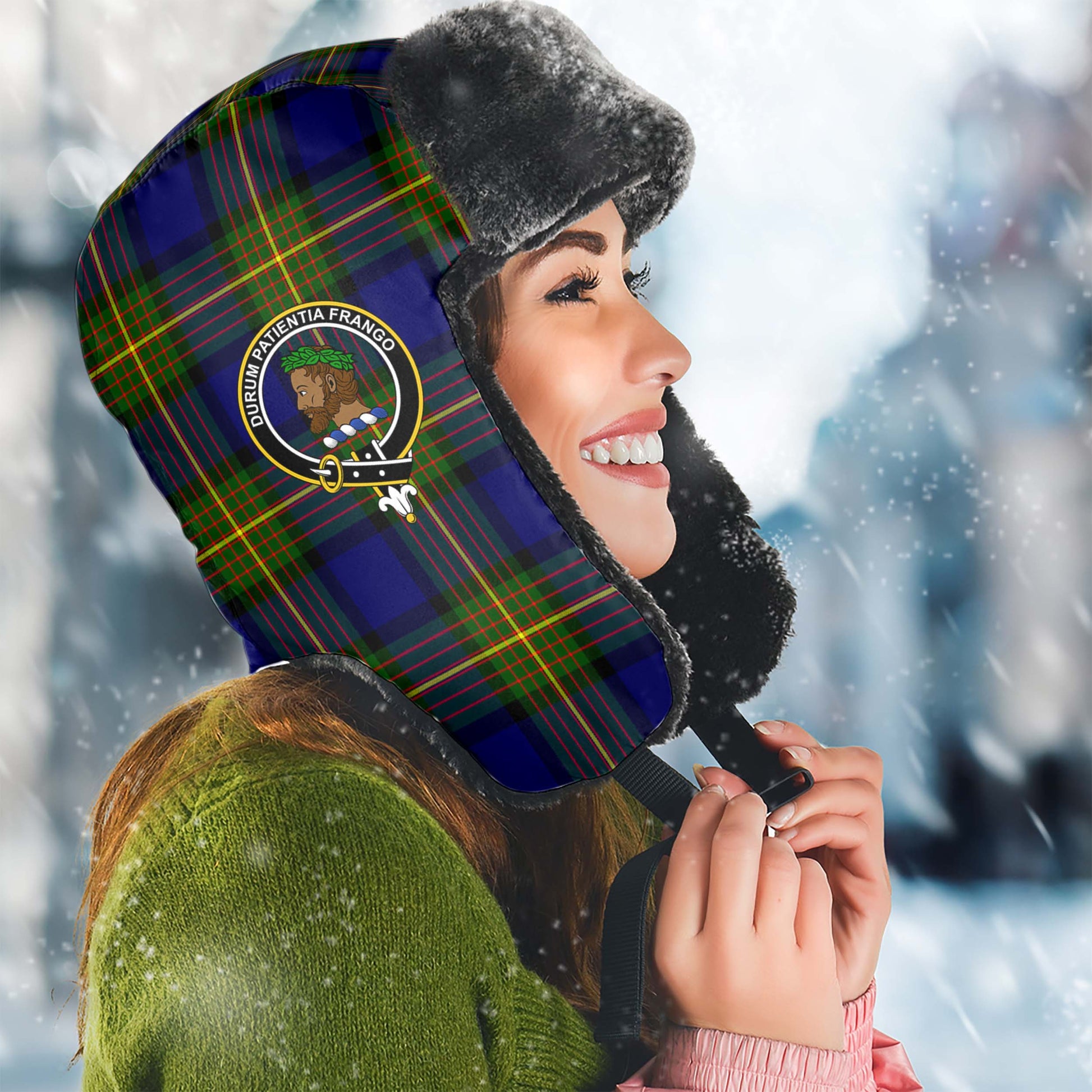 Moore Tartan Winter Trapper Hat with Family Crest Winter Trapper Hat Universal Fit Circumference 22.8in (58cm) - Tartan Vibes Clothing