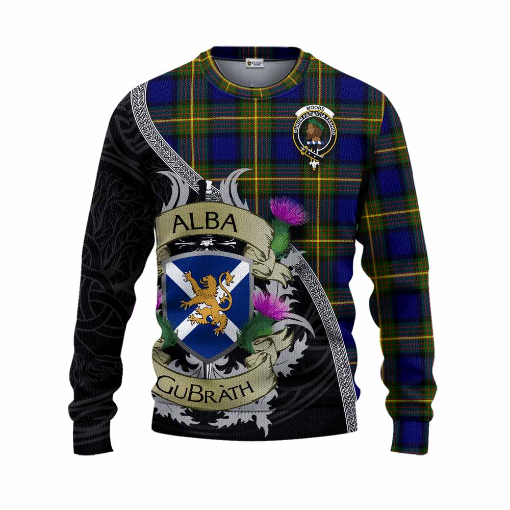 Tartan Vibes Clothing Moore Tartan Family Crest Knitted Sweater Lion Rampant Royal Thistle Shield Celtic Inspired
