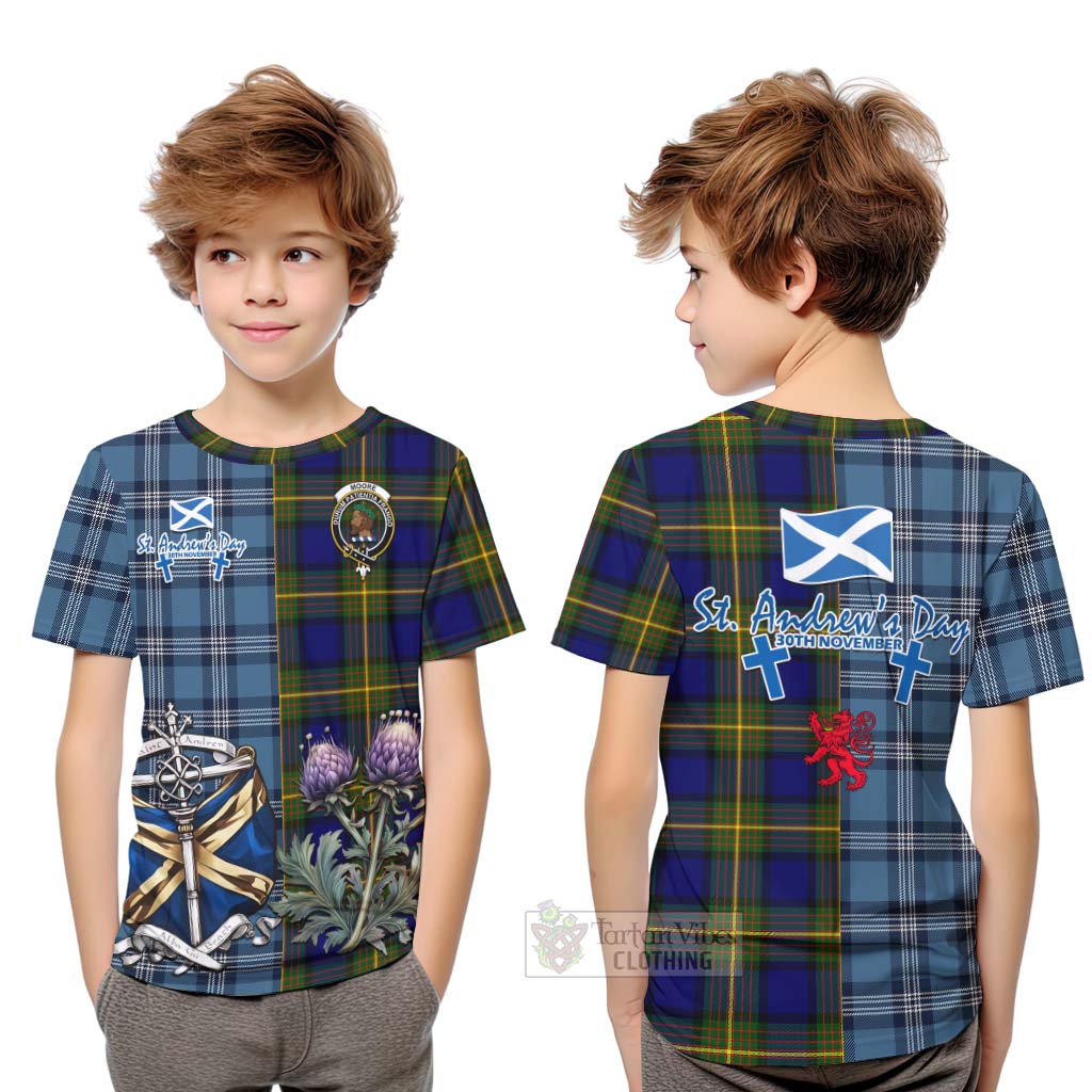 Moore Tartan Kid T-Shirt Happy St. Andrew's Day Half Tartan Style Youth XL Size14 - Tartan Vibes Clothing