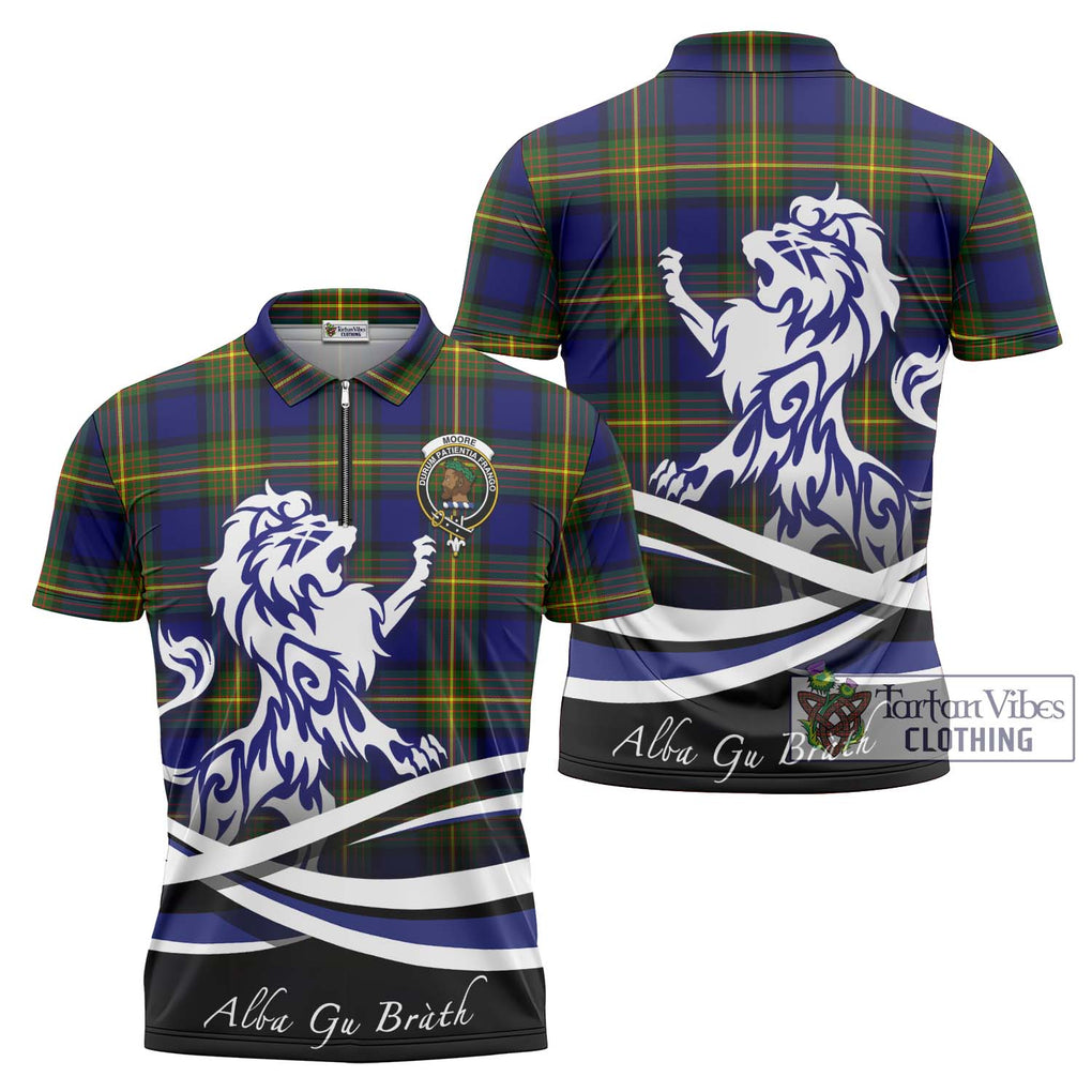 Moore Tartan Zipper Polo Shirt with Alba Gu Brath Regal Lion Emblem Unisex - Tartan Vibes Clothing