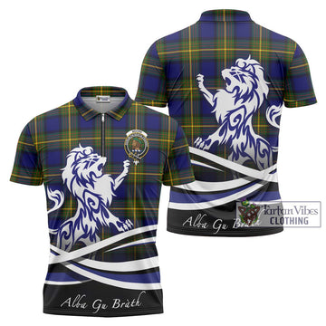 Moore Tartan Zipper Polo Shirt with Alba Gu Brath Regal Lion Emblem Unisex - Tartan Vibes Clothing