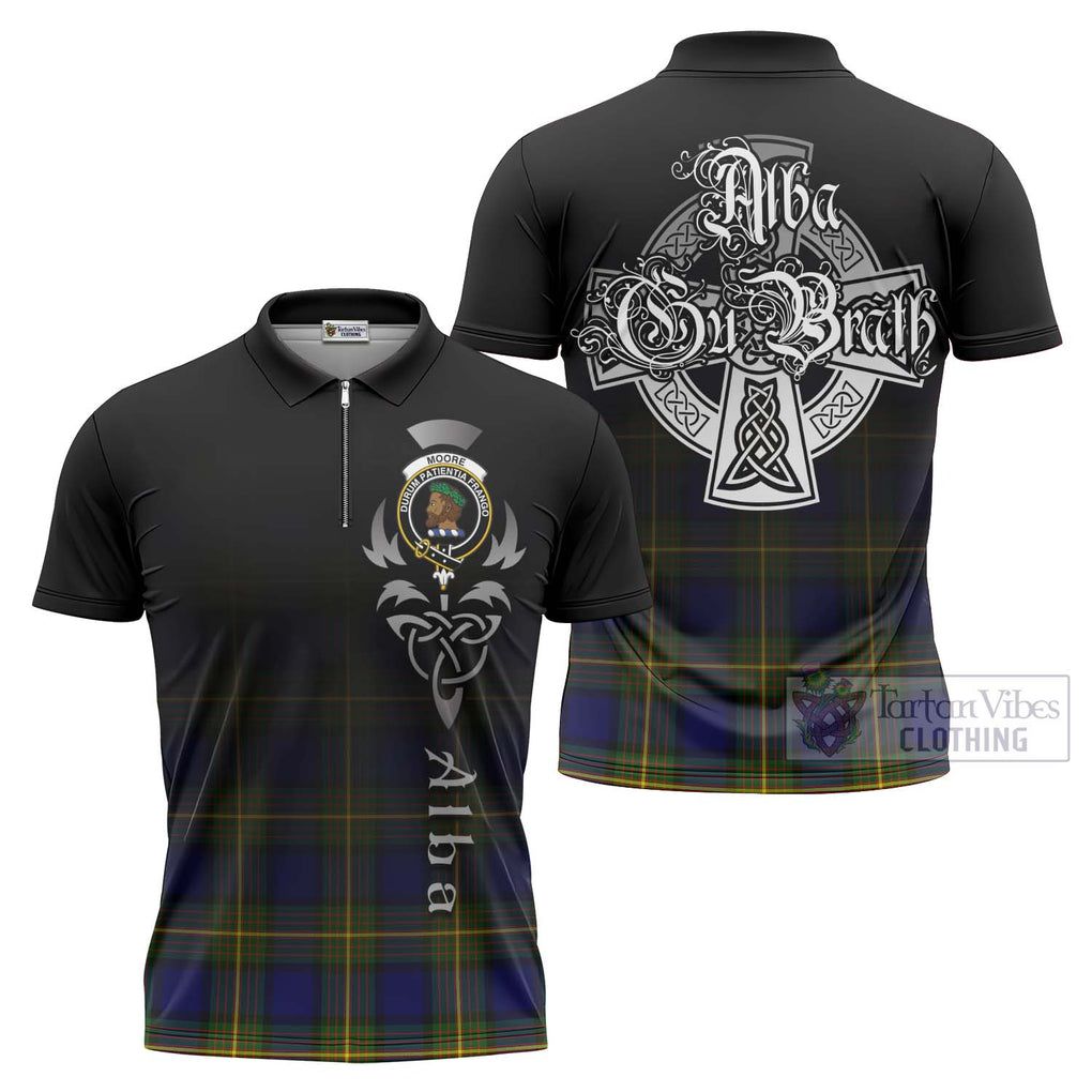 Moore Tartan Zipper Polo Shirt Featuring Alba Gu Brath Family Crest Celtic Inspired Unisex - Tartan Vibes Clothing