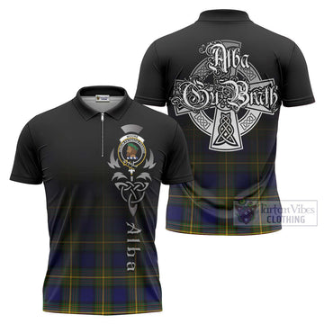 Moore Tartan Zipper Polo Shirt Featuring Alba Gu Brath Family Crest Celtic Inspired Unisex - Tartan Vibes Clothing