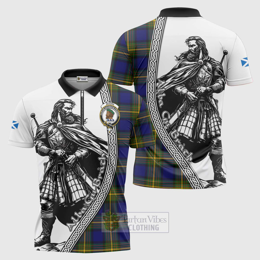 Moore Tartan Clan Crest Zipper Polo Shirt with Highlander Warrior Celtic Style Unisex - Tartan Vibes Clothing