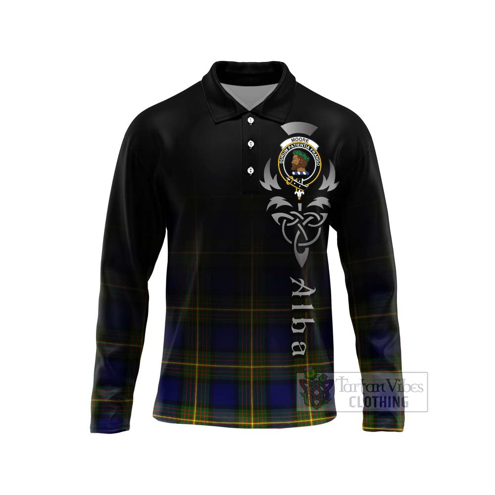 Moore Tartan Long Sleeve Polo Shirt Featuring Alba Gu Brath Family Crest Celtic Inspired Unisex - Tartan Vibes Clothing