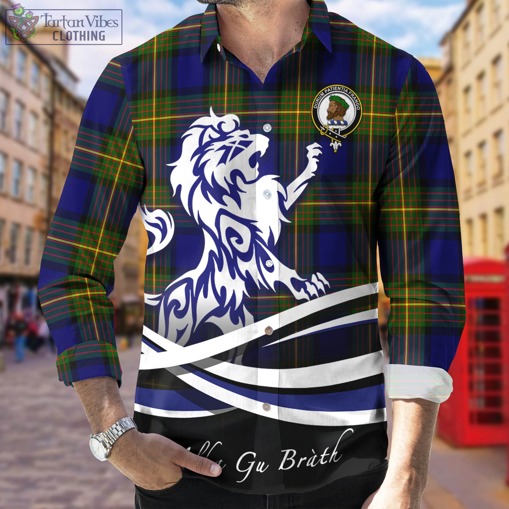Moore Tartan Long Sleeve Button Up Shirt with Alba Gu Brath Regal Lion Emblem Men's Shirt - Tartan Vibes Clothing