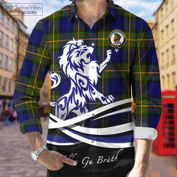 Moore Tartan Long Sleeve Button Up Shirt with Alba Gu Brath Regal Lion Emblem Men's Shirt - Tartan Vibes Clothing