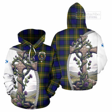 Moore Tartan Hoodie with Family Crest and St. Andrew's Cross Accented by Thistle Vines Zip Hoodie - Tartan Vibes Clothing