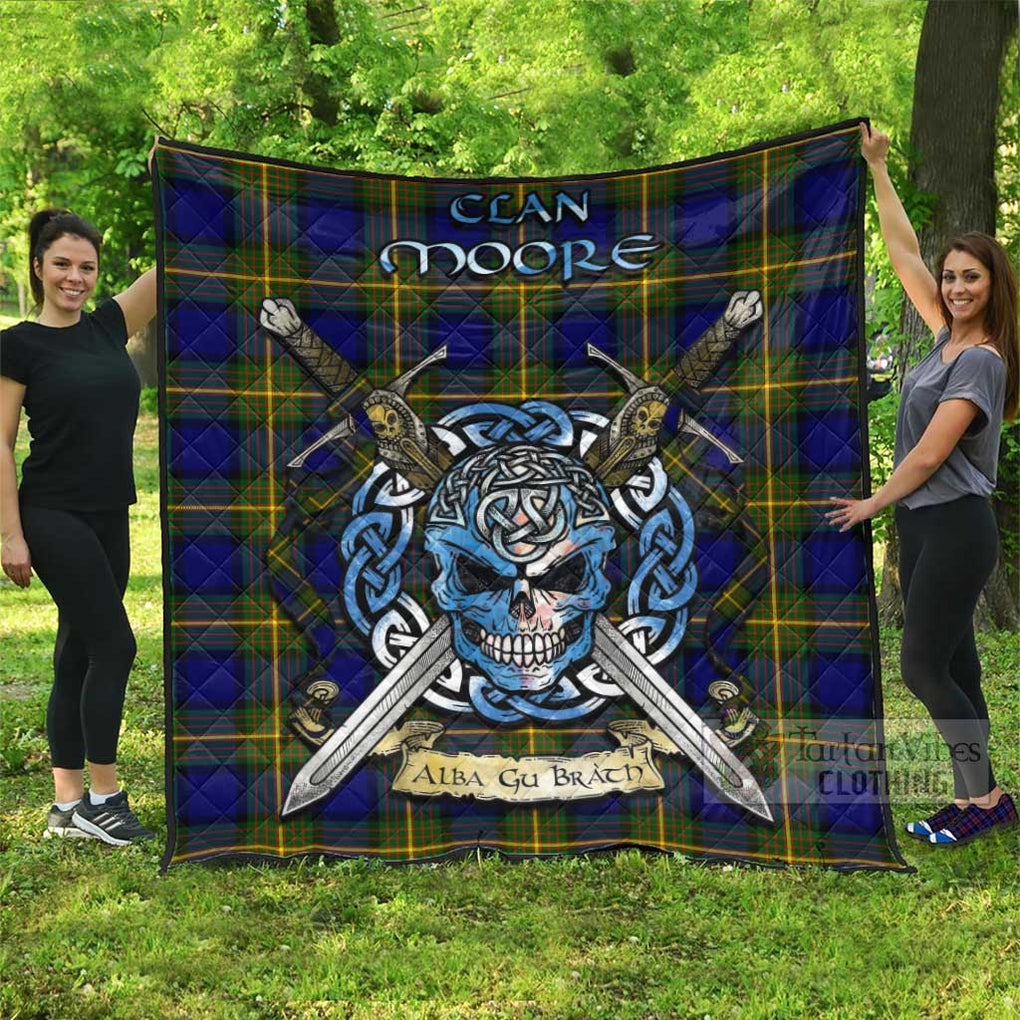 Moore Tartan Quilt with Celtic Skull Alba Gu Brath Style Super King Quilt 91" x 110" - Tartan Vibes Clothing