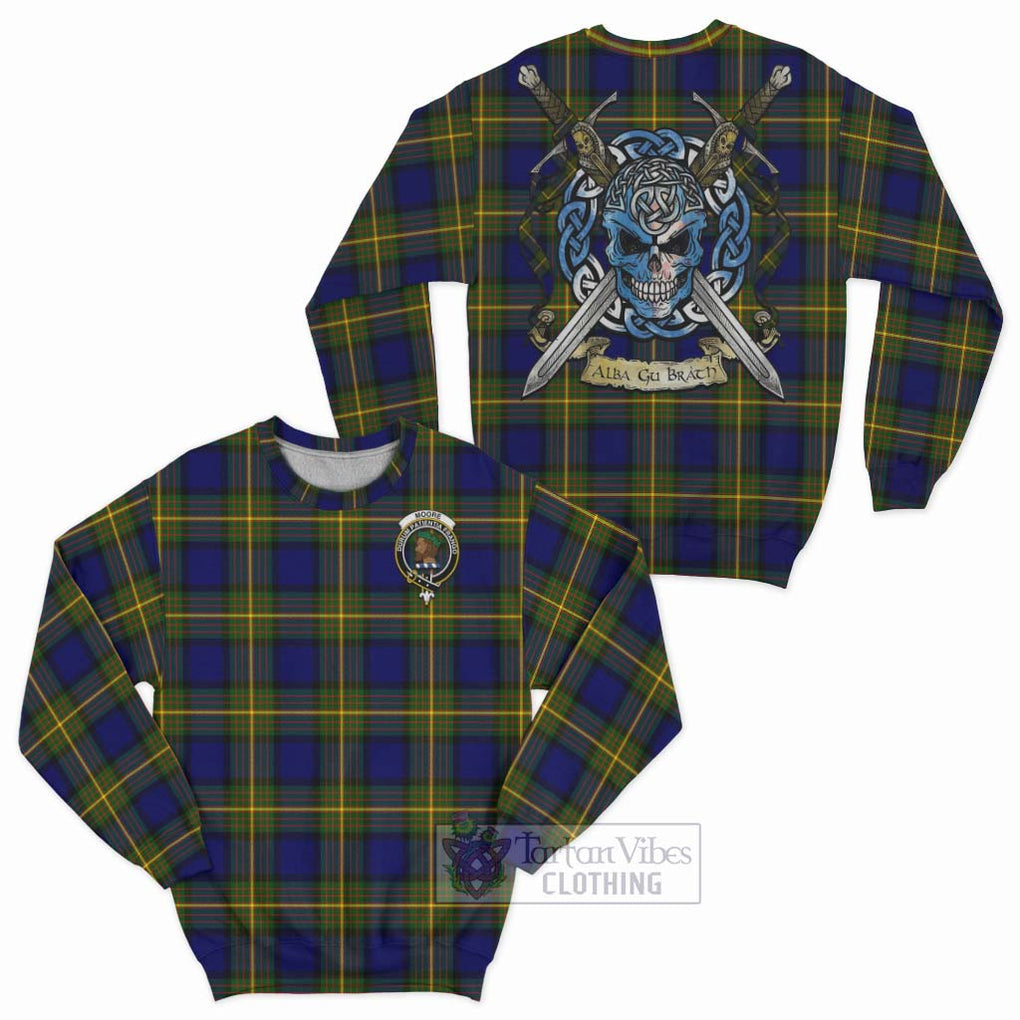 Moore Tartan Sweatshirt with Family Crest Celtic Skull Style Unisex - Tartan Vibes Clothing